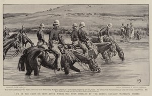 Vie dans le camp sur la rivière Mooi qui a été bombardé par les Boers, cavalerie abreuvant les chevaux